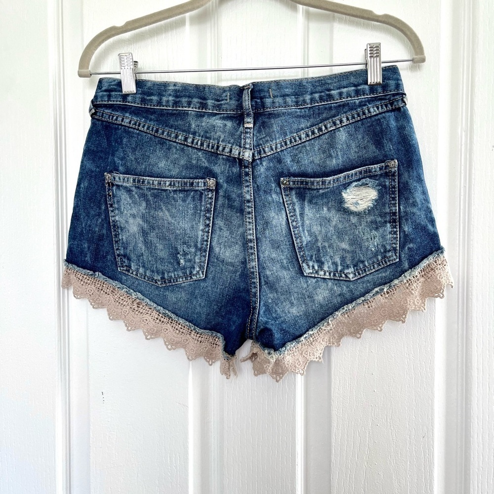 Free People distressed denim shorts Jean cheeky short daisy dukes lace trim boho - Picture 7 of 7